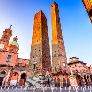 street view of famous structures in Bologna, Italy